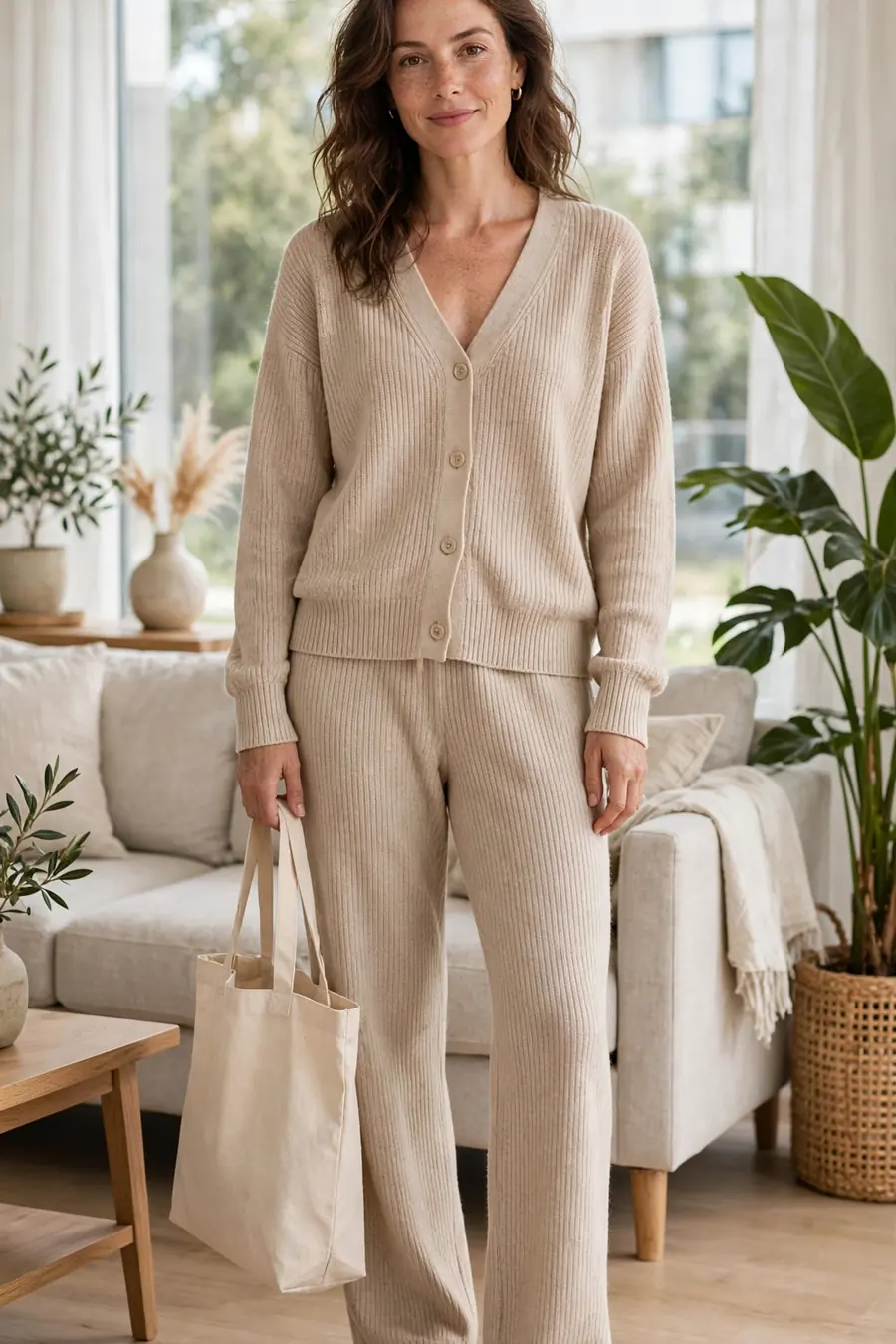 Woman in beige matching knit loungewear set with white sneakers, relaxed weekend look