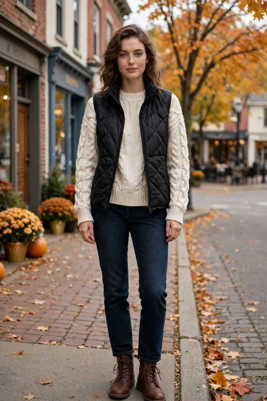 Woman wearing black puffer vest over cream sweater with jeans and boots