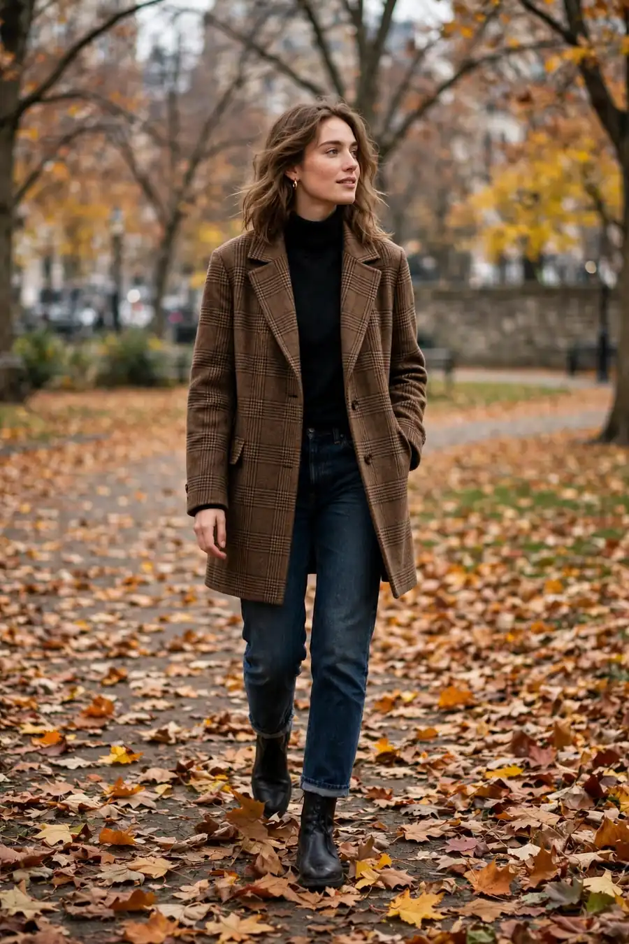 Woman in plaid wool coat with turtleneck, jeans and ankle boots, casual weekend style