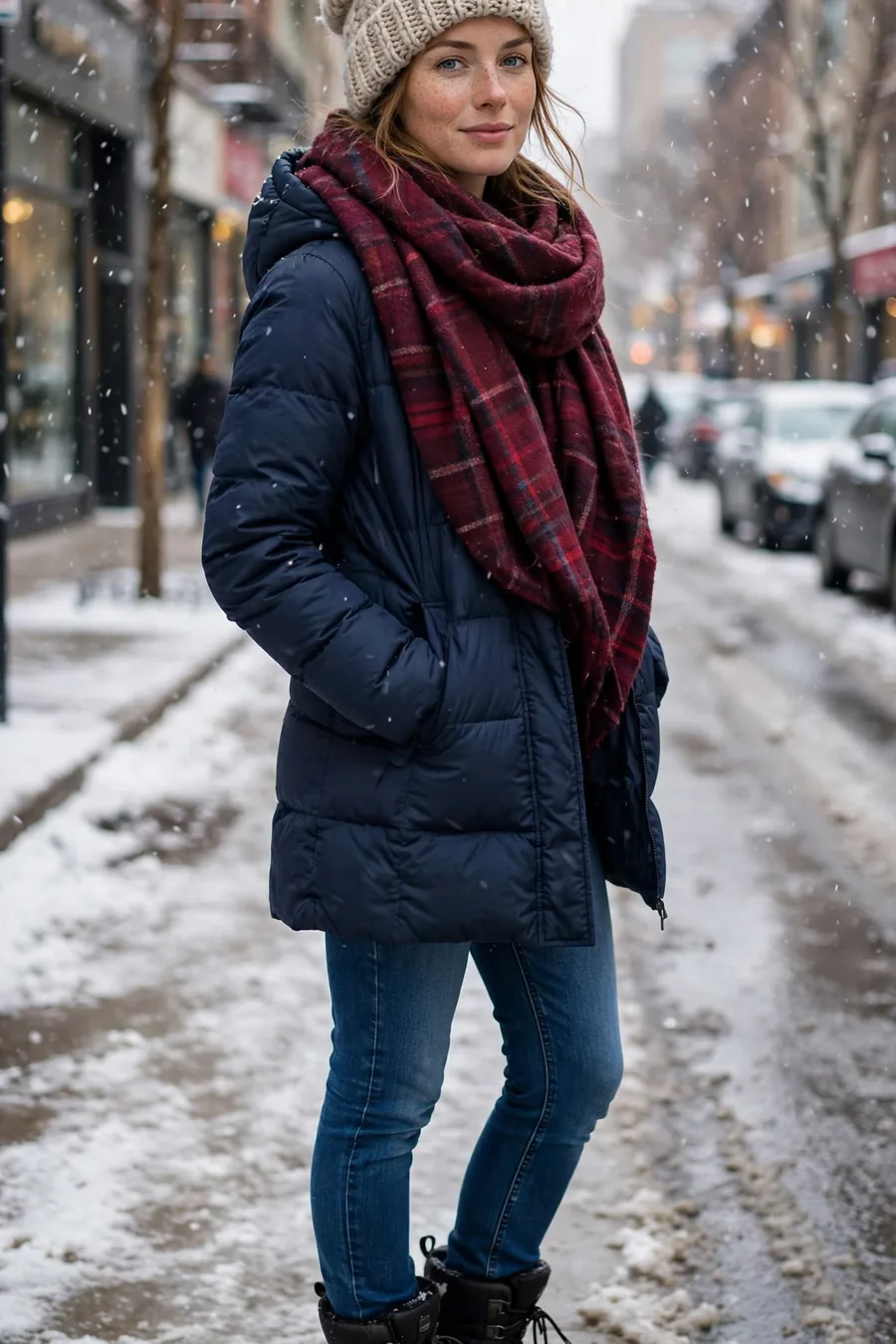 Woman wearing knit beanie and oversized plaid scarf with puffer coat, winter weekend outfit