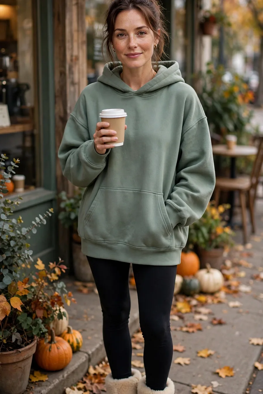 Woman in black leggings, oversized hoodie and shearling slipper boots holding coffee cup