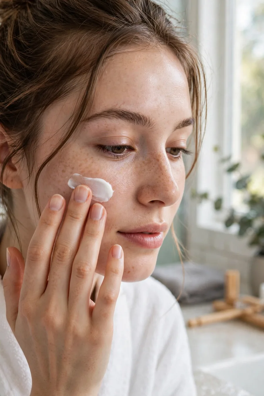 Woman applying moisturizer to bare clean skin, makeup prep step