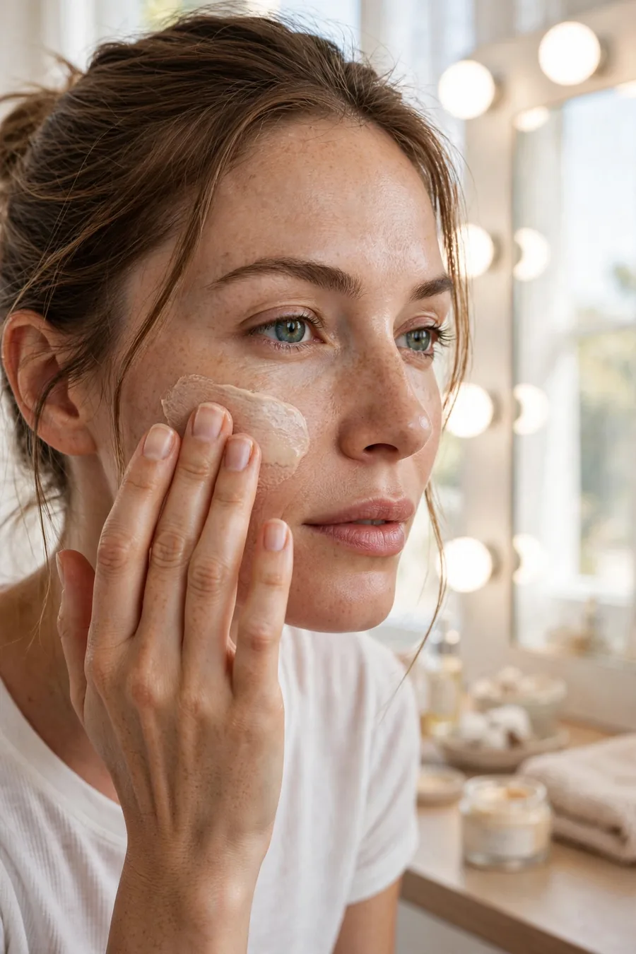 Woman blending tinted moisturizer on cheek with fingers, natural base makeup