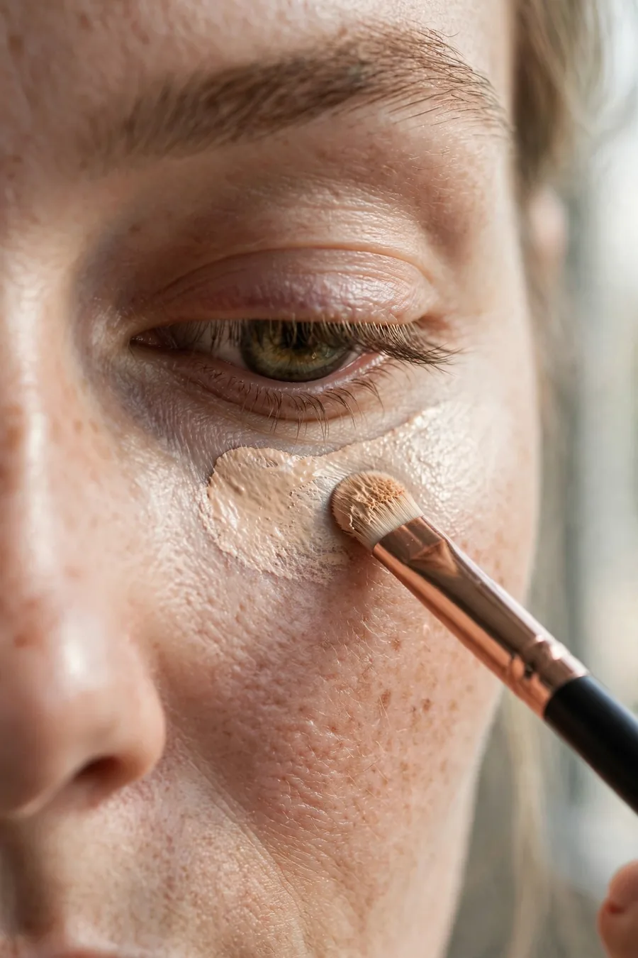 Close up of woman applying concealer under eyes with small brush