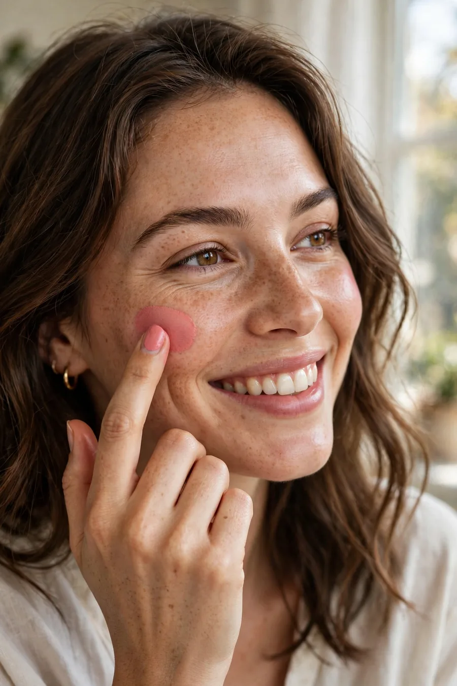 Woman applying cream blush to apples of cheeks with fingers