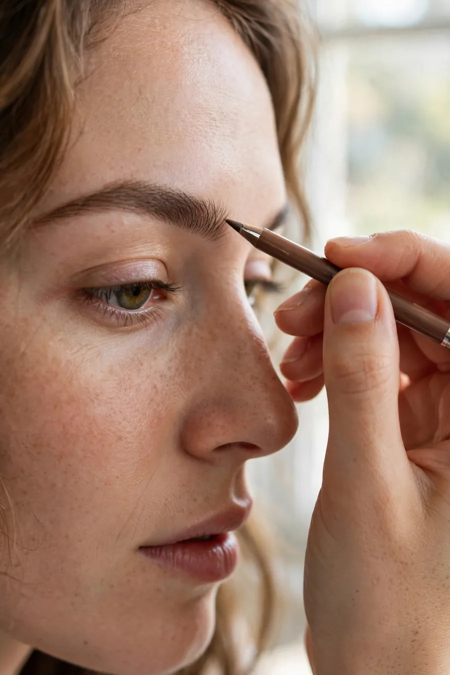 Woman filling eyebrows with fine pencil, soft natural brow look