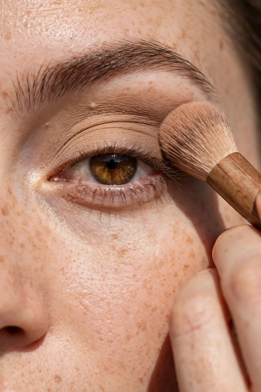Woman blending neutral eyeshadow on eyelid with fluffy brush, close up