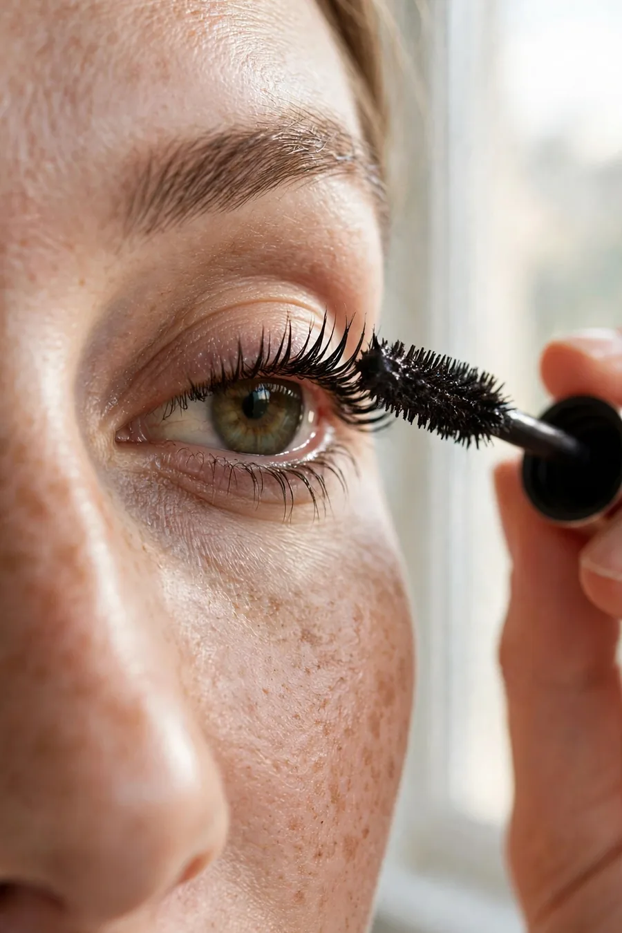 Close up of woman applying mascara to upper lashes, defined eye makeup