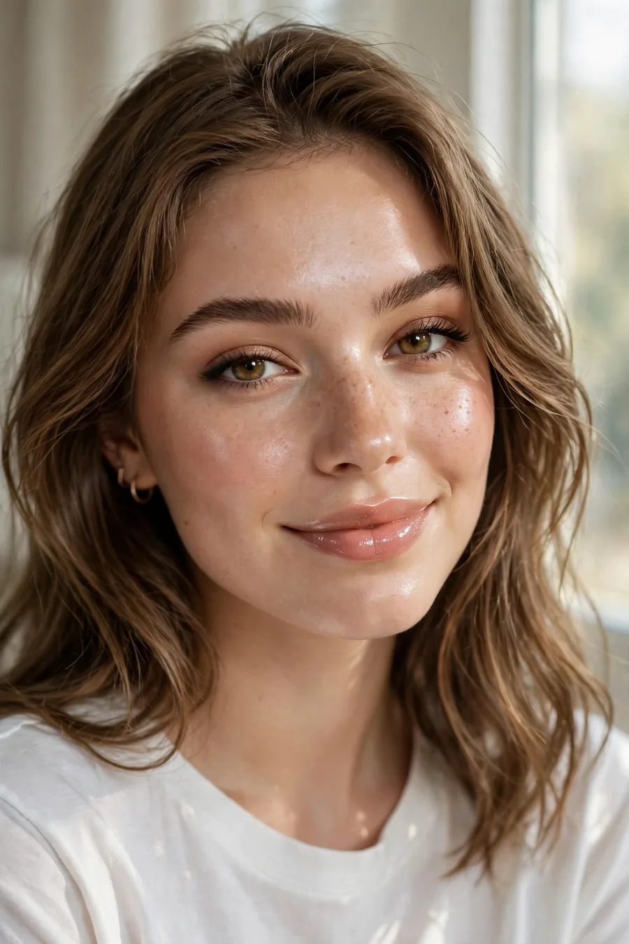 Finished natural glam makeup portrait, glossy nude lips and glowing skin