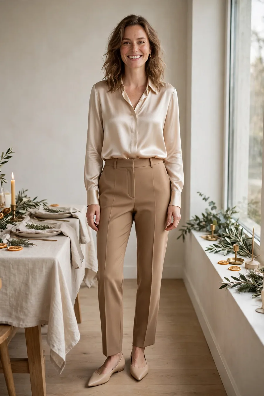 Woman wearing champagne silk blouse with tailored camel trousers at an elegant holiday dinner