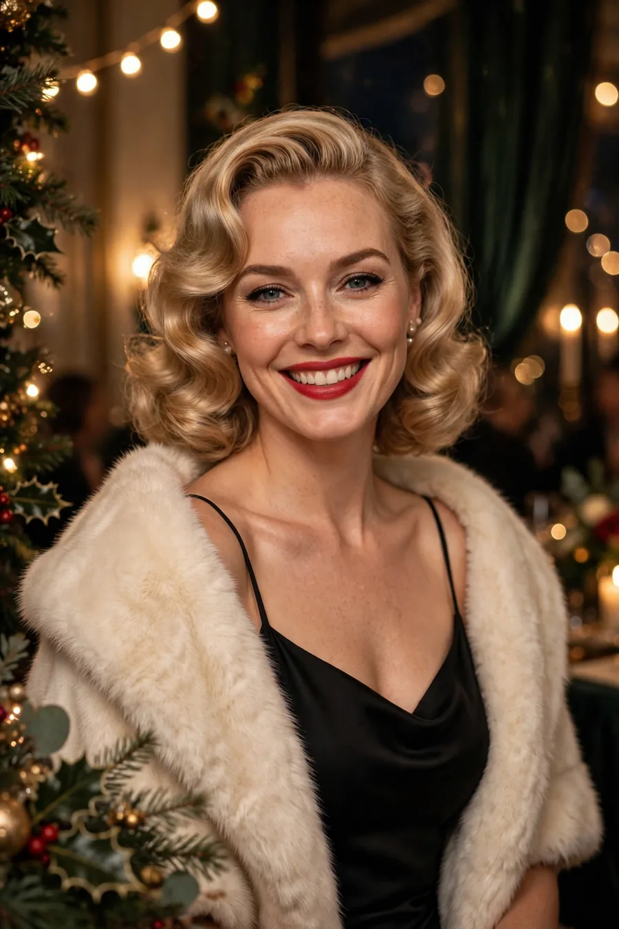 Woman wearing cream faux fur stole draped over black slip dress at an evening holiday event
