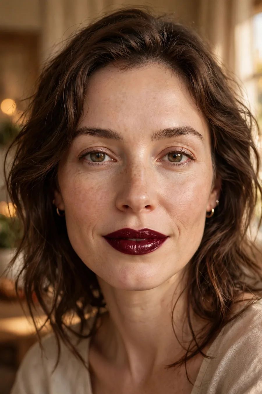 Burgundy lipstick swatch and model wearing deep berry lip, fall makeup trend