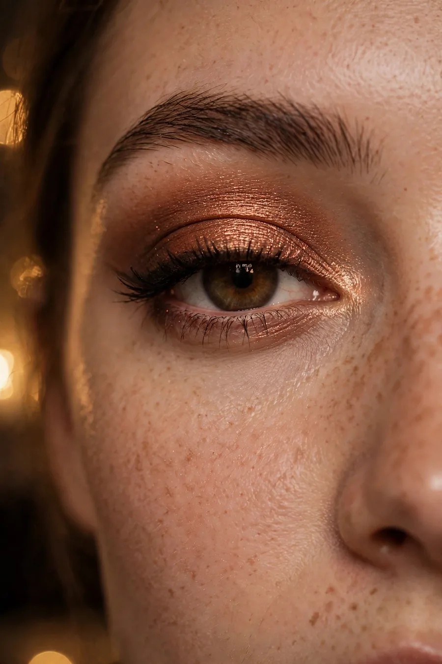 Copper shimmer eyeshadow, evening eye makeup trend