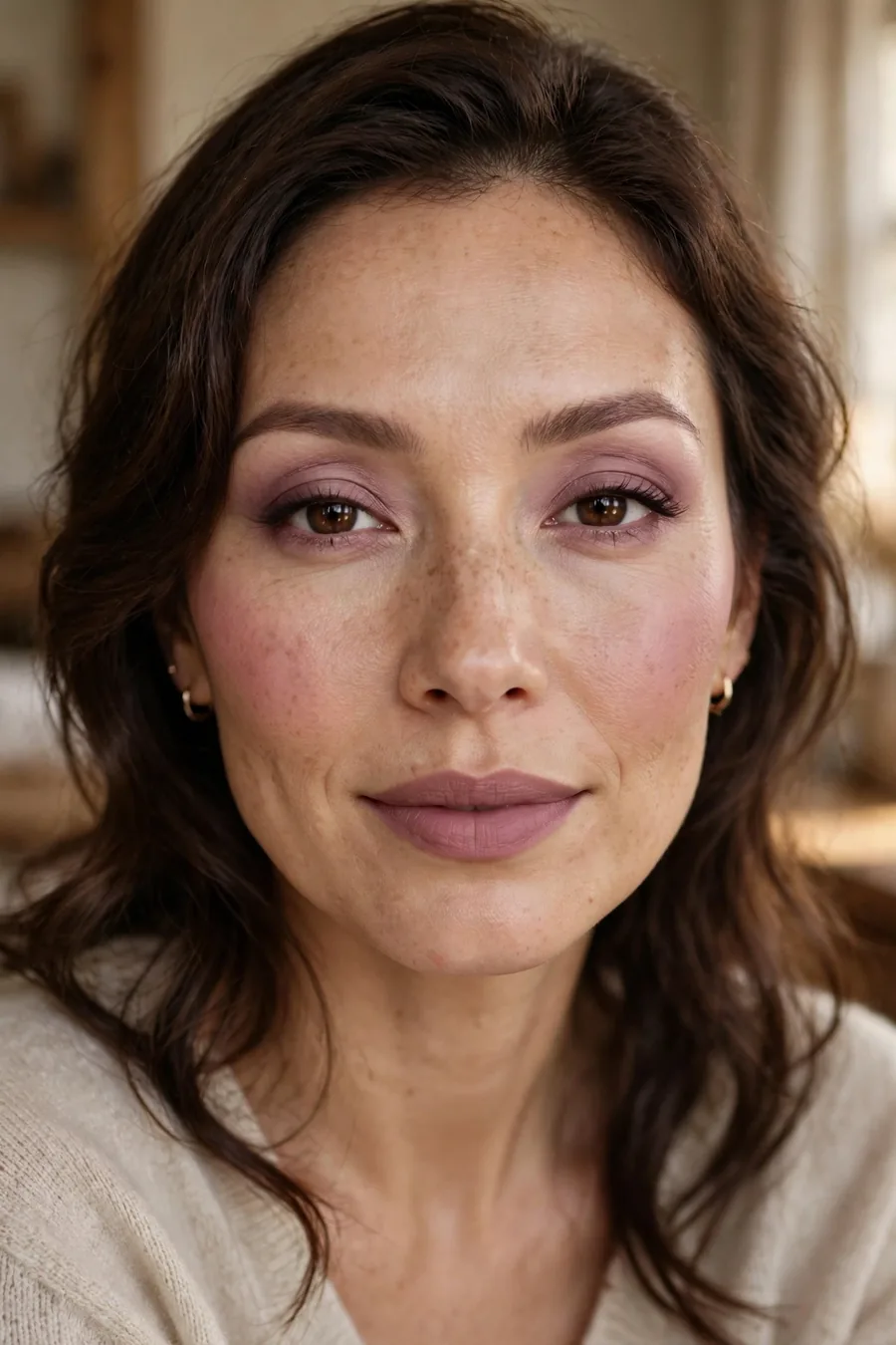 Monochrome mauve makeup look, lips cheeks and eyes matching