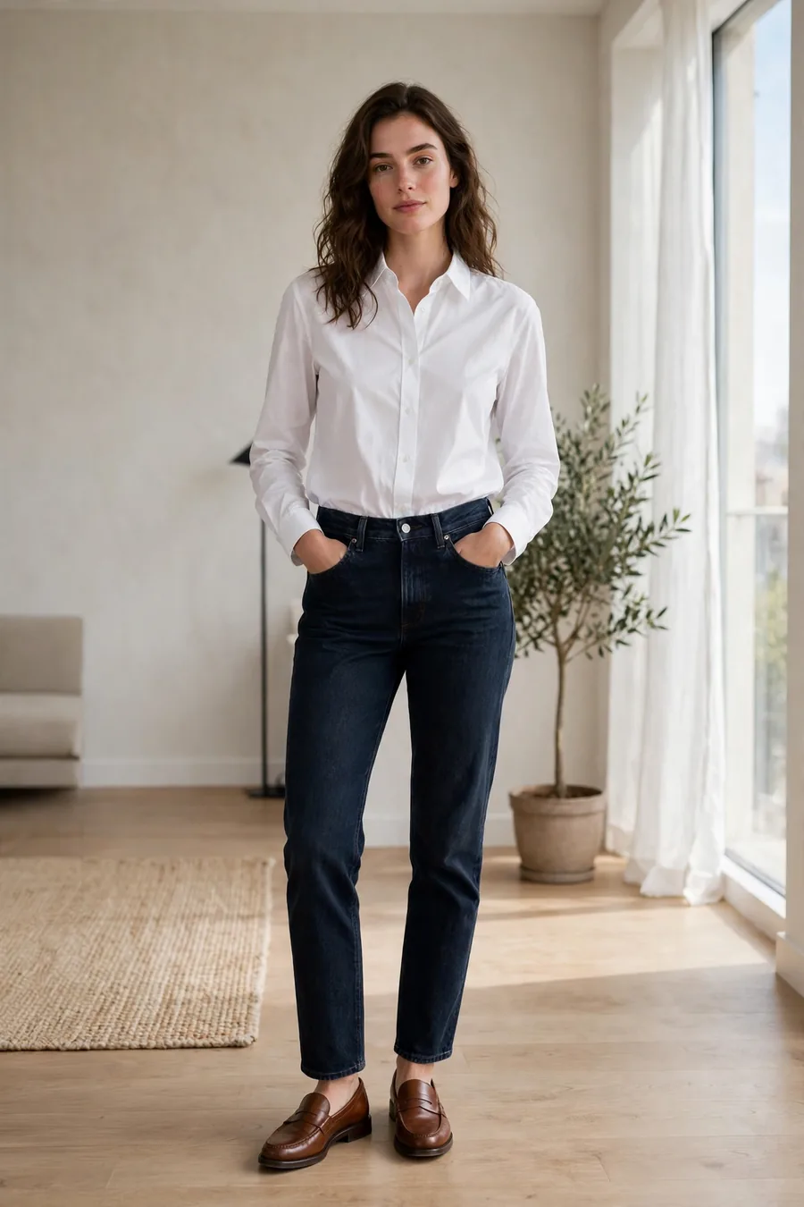 Woman wearing white button down shirt with dark jeans and loafers
