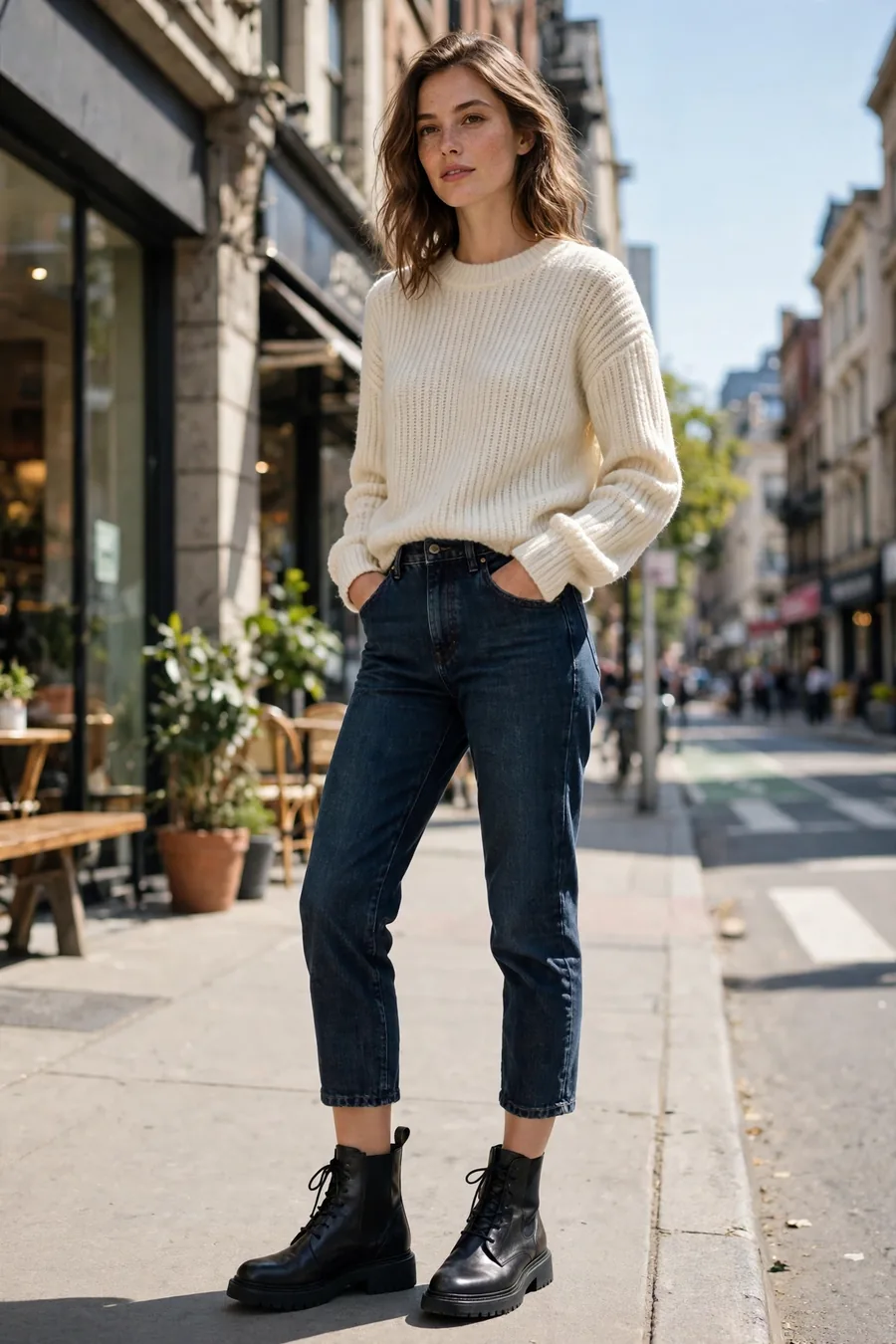 Black leather ankle boots styled with cropped jeans
