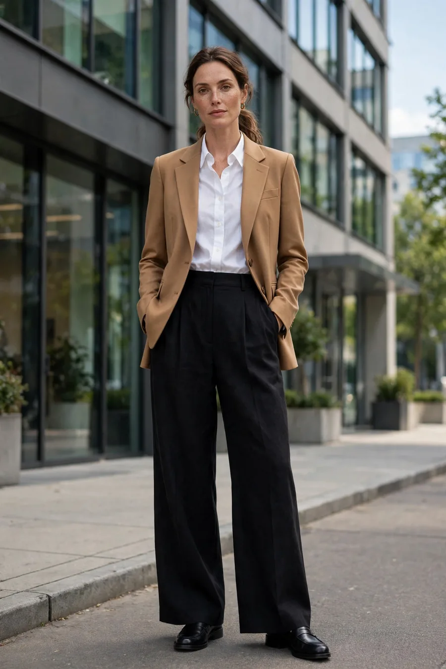 Woman wearing tailored blazer with white shirt and wide leg trousers