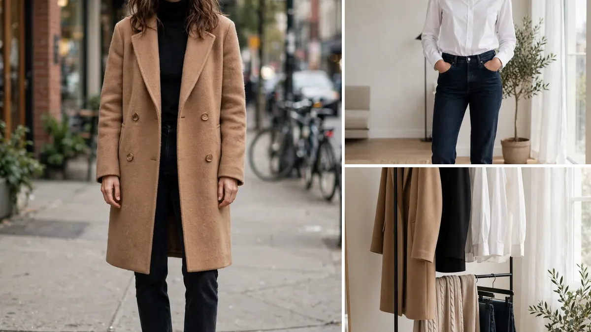 Winter capsule wardrobe outfits collage featuring camel coat and knit looks
