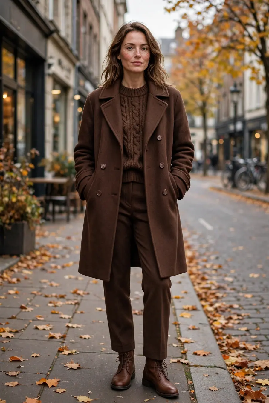 Woman wearing chocolate brown monochrome outfit with coat and boots
