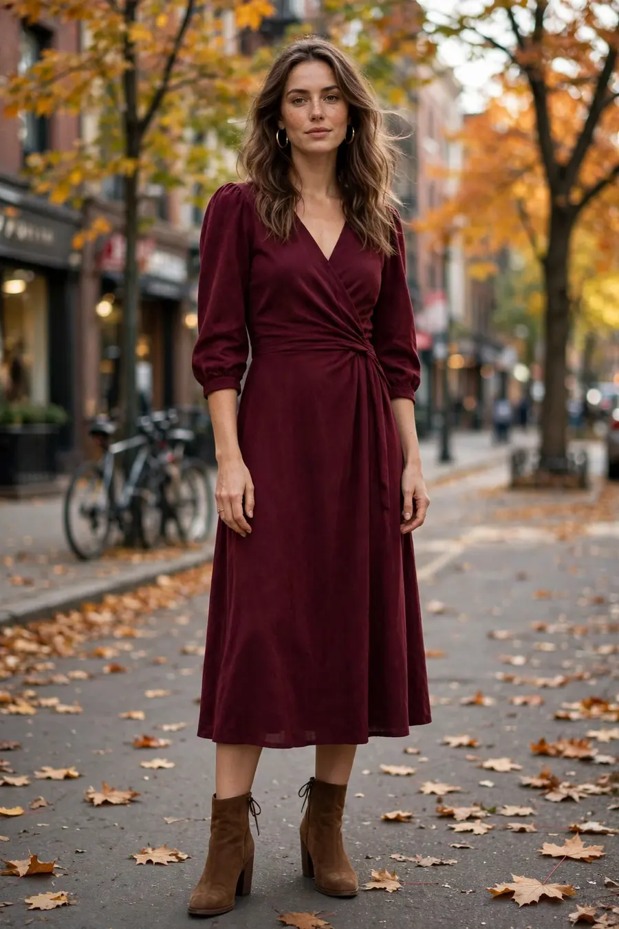 Woman wearing burgundy midi dress with ankle boots
