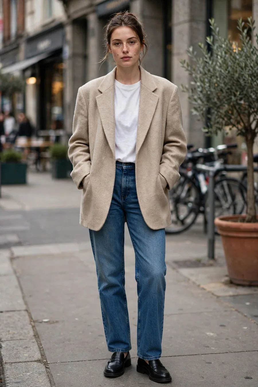 Woman wearing oversized beige blazer with jeans and loafers