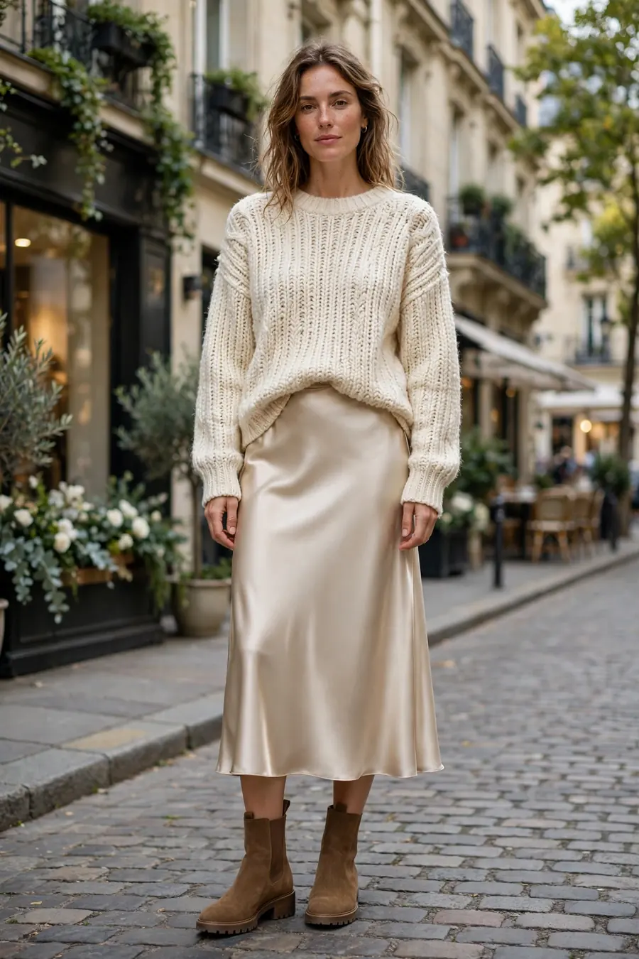 Woman wearing champagne satin midi skirt with chunky knit sweater