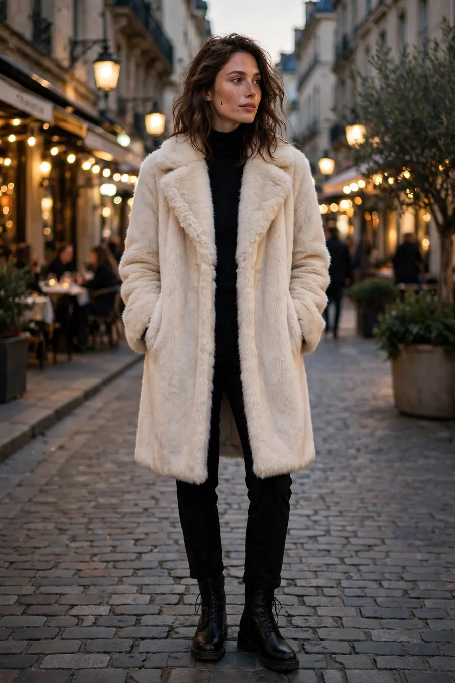Woman wearing cream faux fur coat over all black outfit