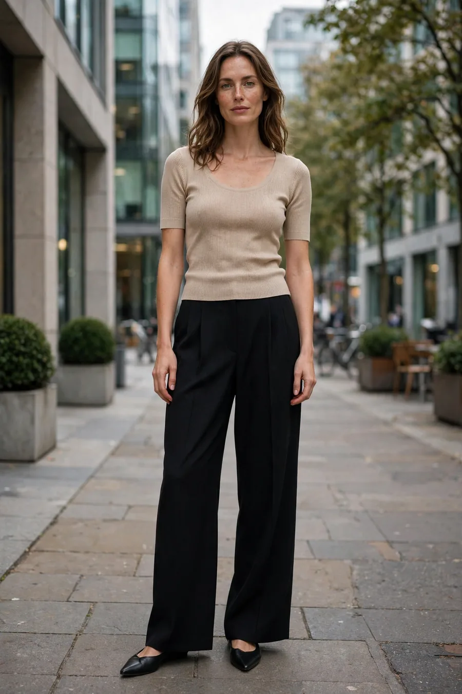 Woman wearing black wide leg trousers with fitted knit top