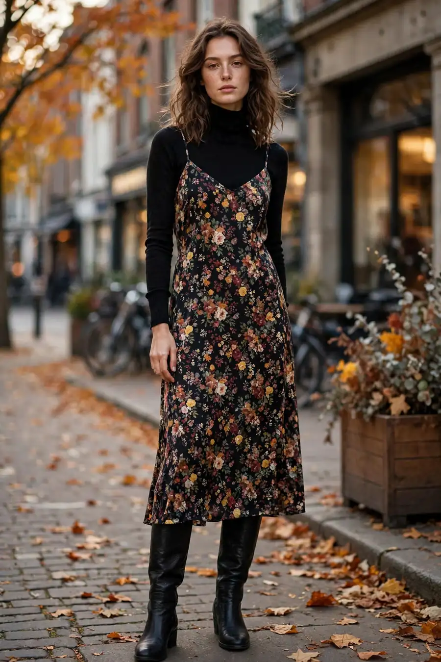 Woman wearing black turtleneck layered under slip midi dress