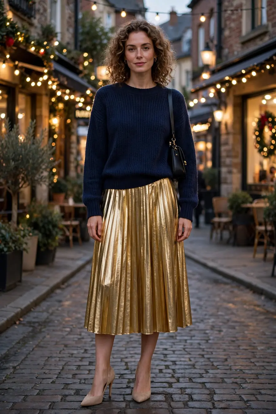 Woman wearing gold metallic pleated skirt with navy sweater