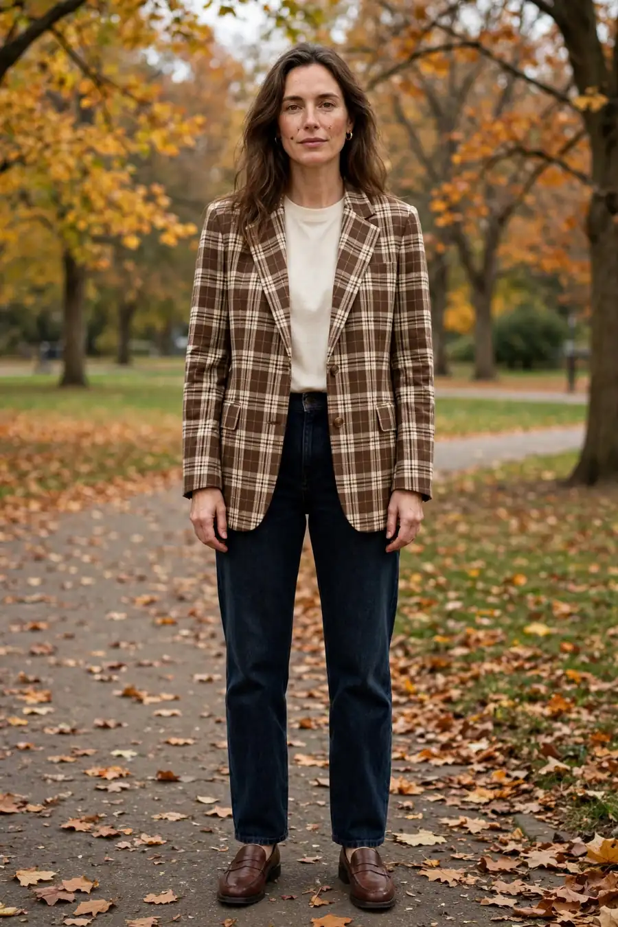 Woman wearing brown plaid blazer with dark jeans