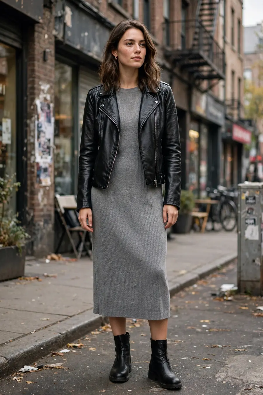 Woman wearing black faux leather jacket with knit dress and boots