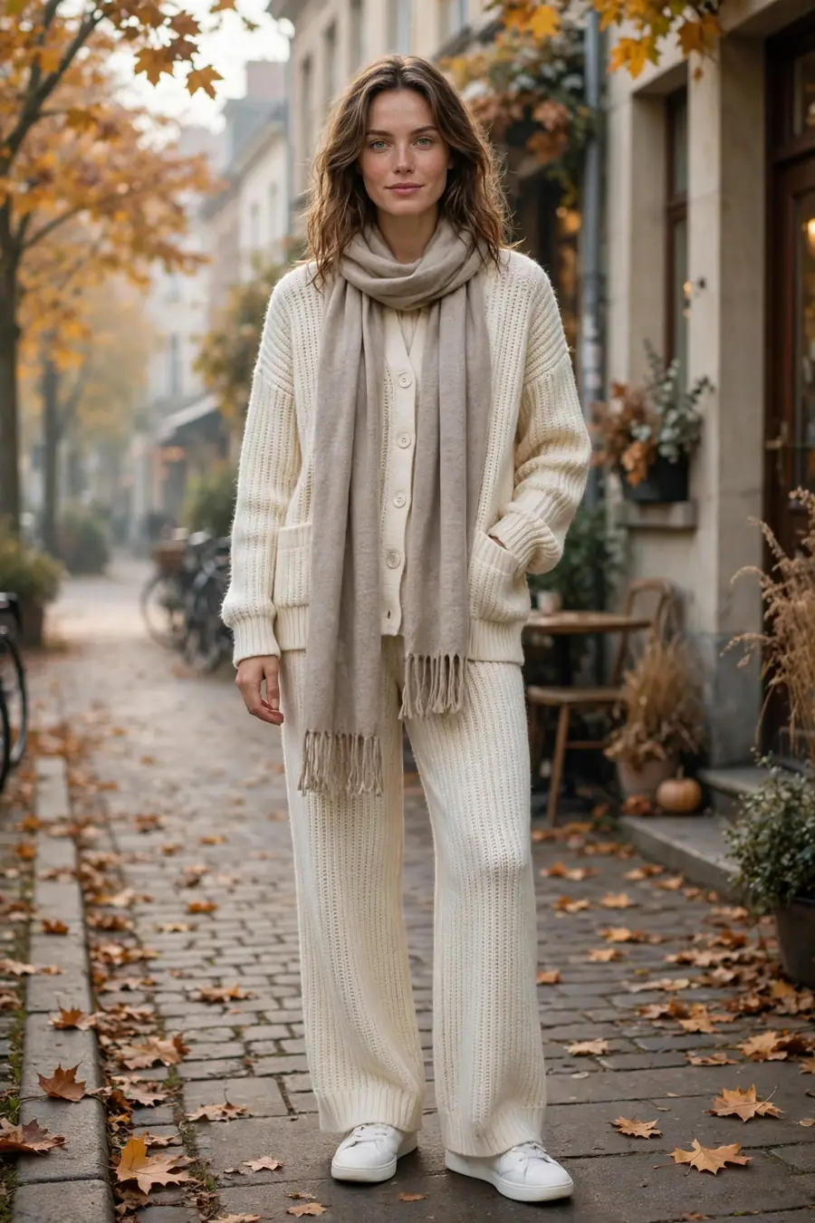 Woman wearing cream knit set with scarf and white sneakers