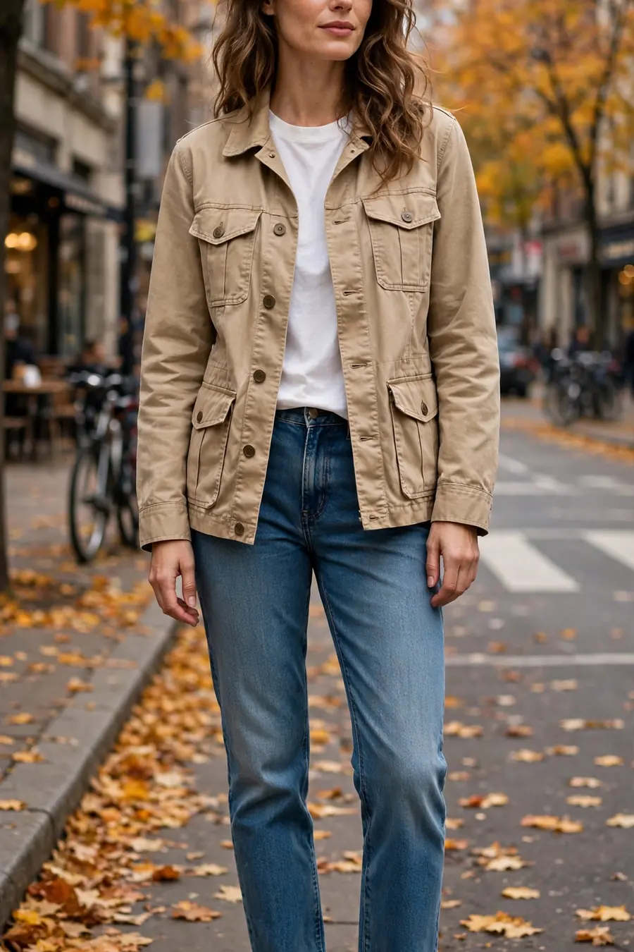 Woman wearing a light tan utility jacket with white tee and jeans, one of our favorite fall to winter outfits