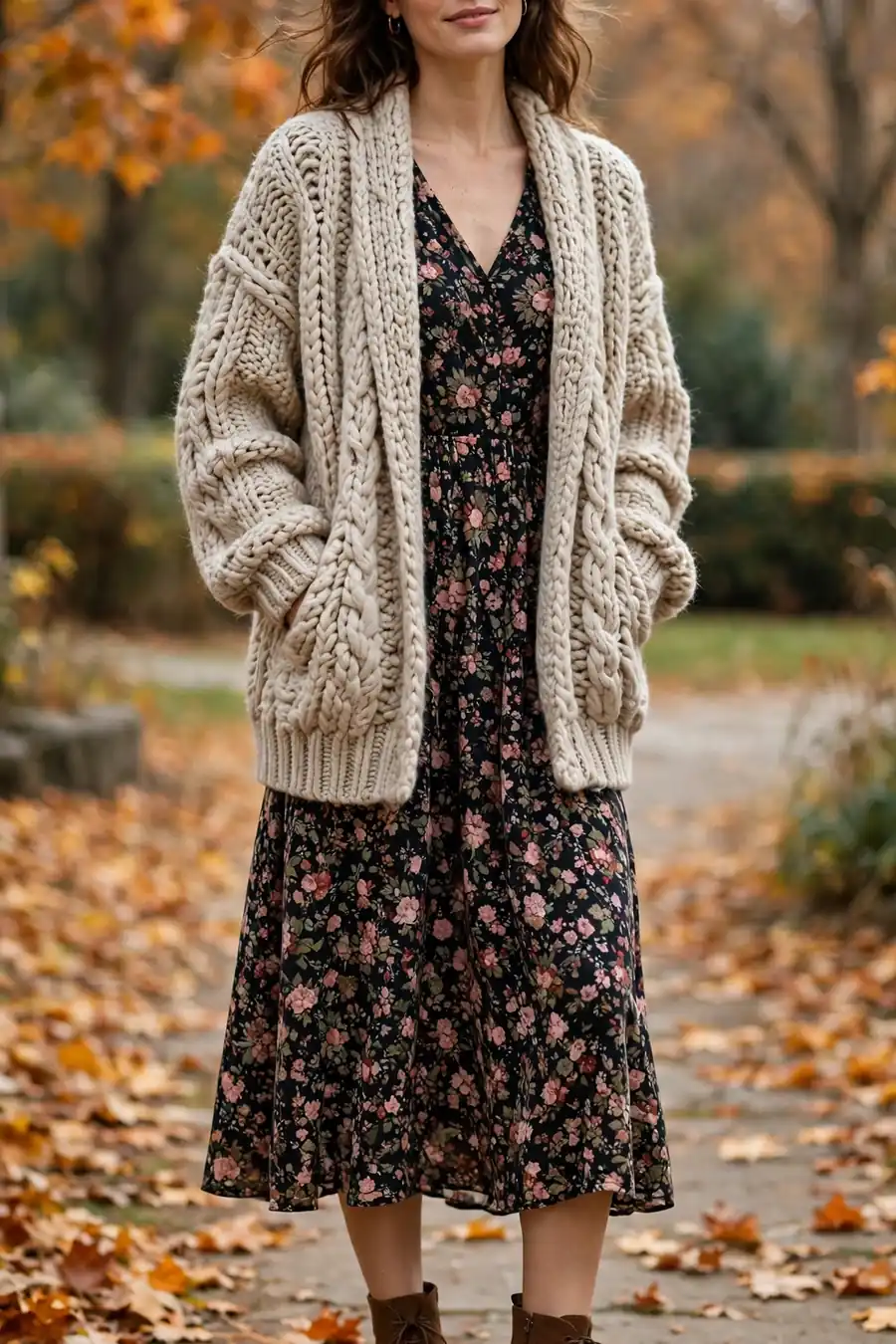 Woman in a chunky knit cardigan over a floral midi dress with ankle boots, a cozy pick for fall to winter outfits