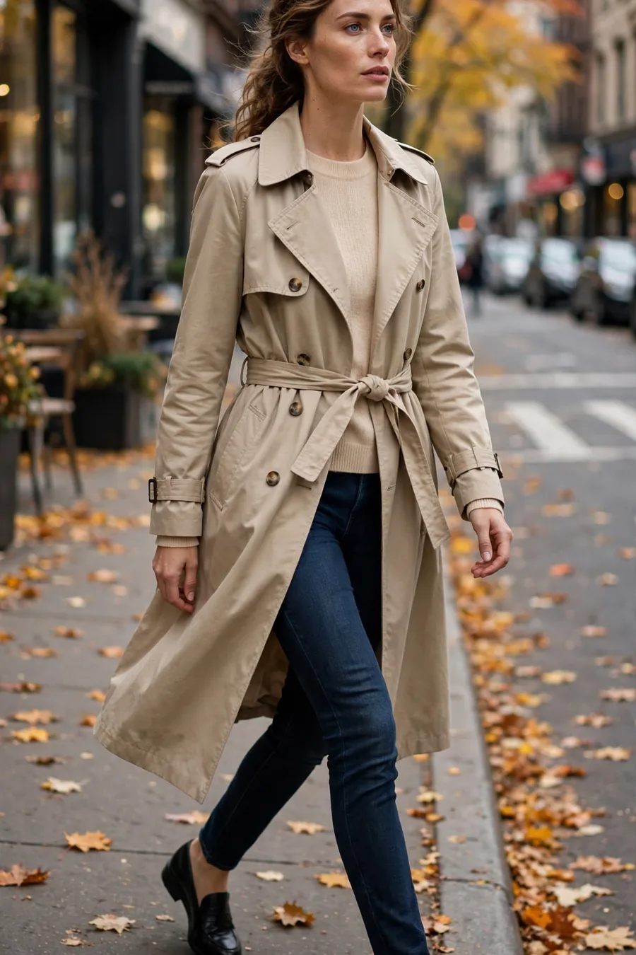 Woman in a classic beige trench coat over a sweater and jeans on a city street