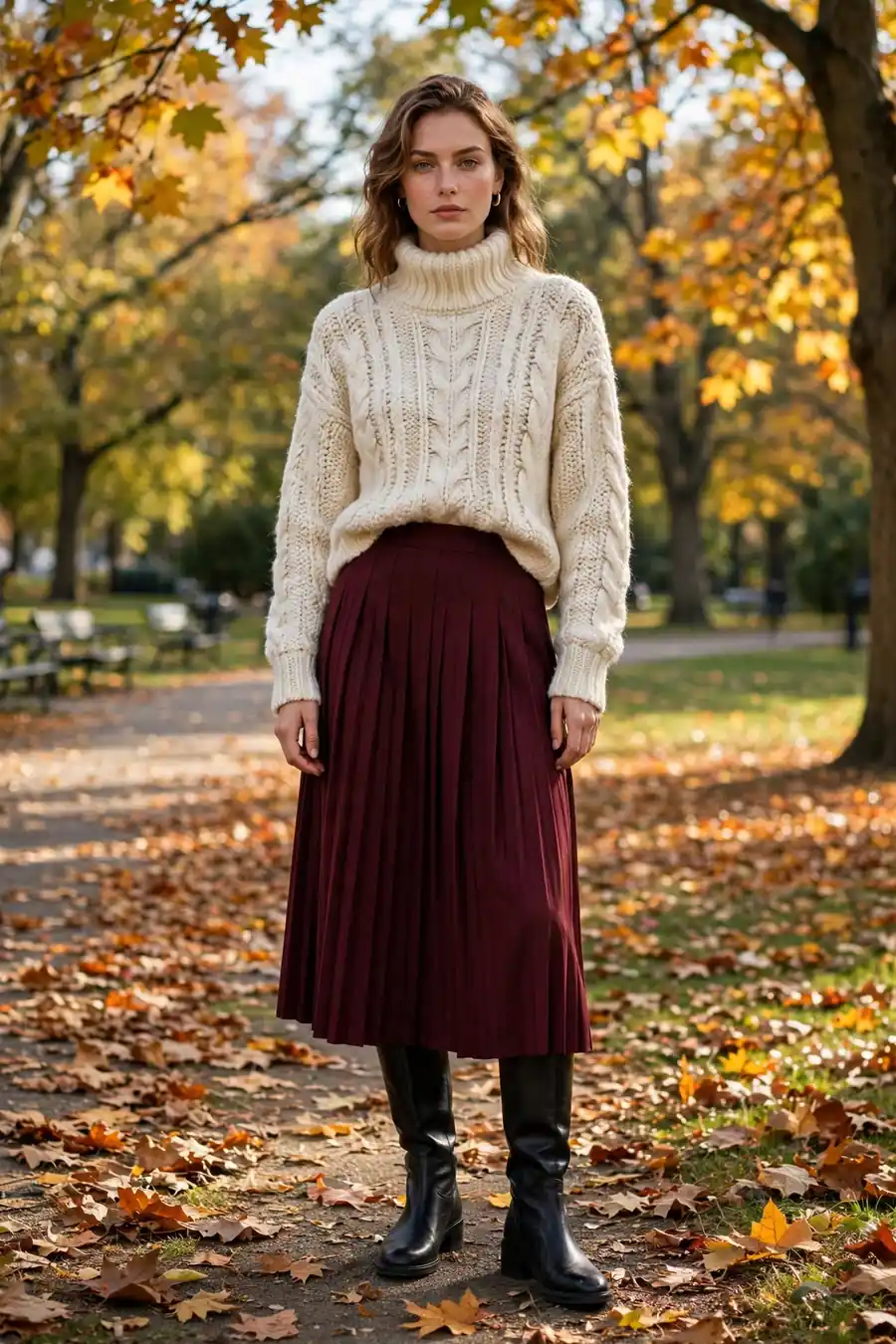 Woman in a chunky turtleneck sweater with a pleated midi skirt and boots