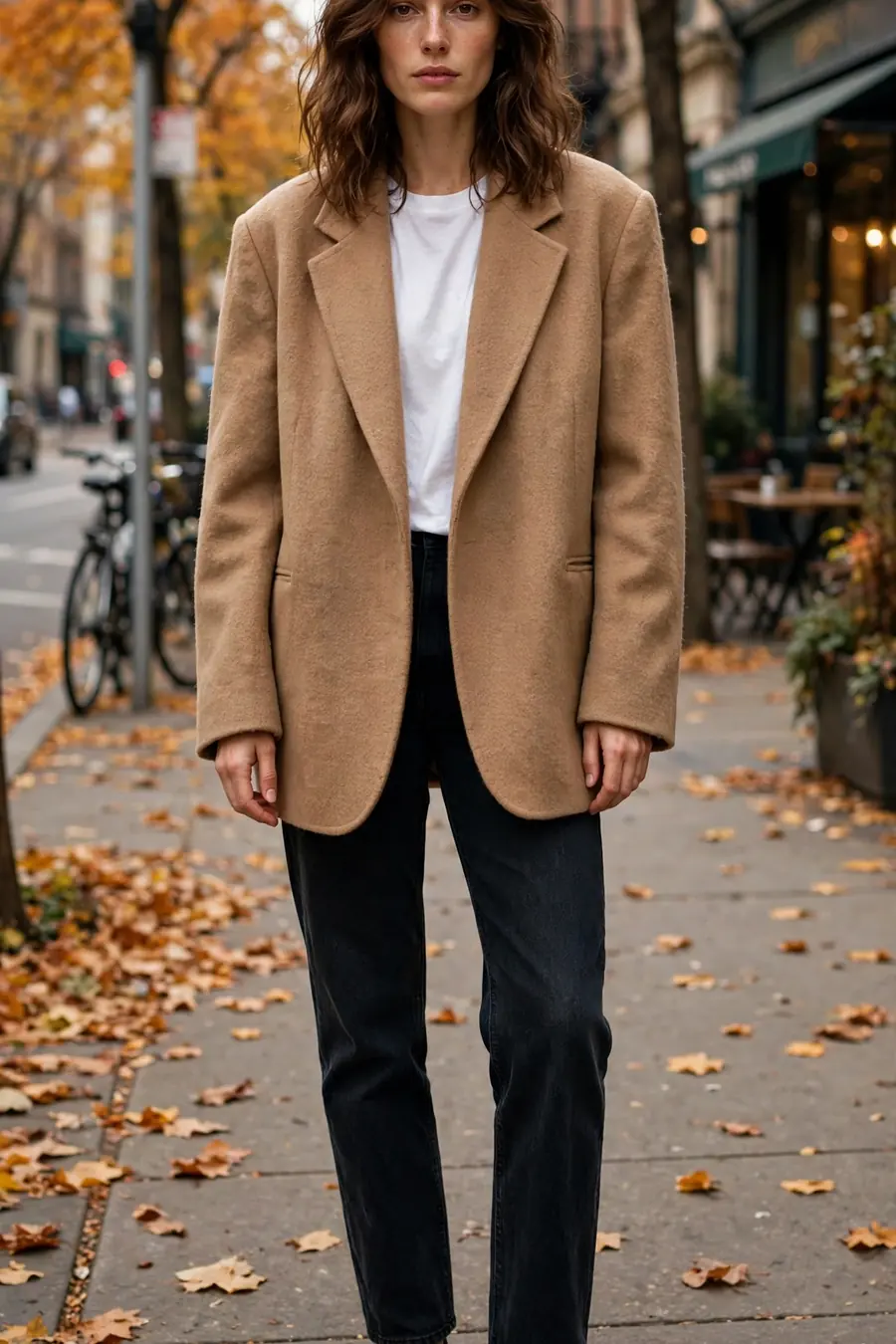 Woman in an oversized wool blazer with white tee and dark jeans