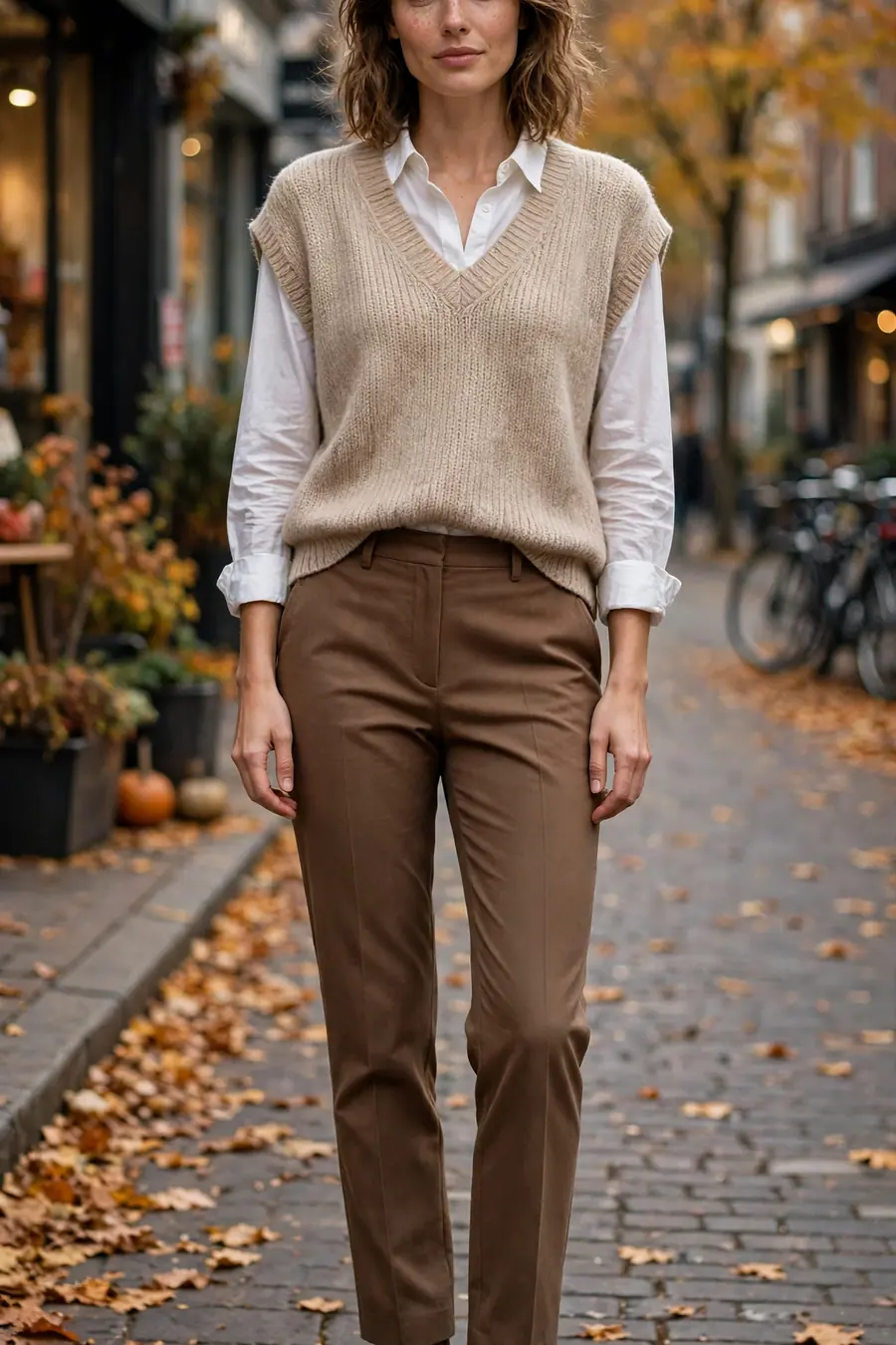 Woman wearing a knit sweater vest layered over a button down shirt with trousers