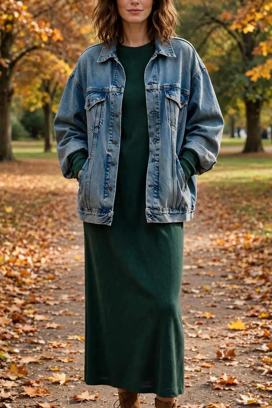 Woman in a denim jacket over a midi dress with ankle boots