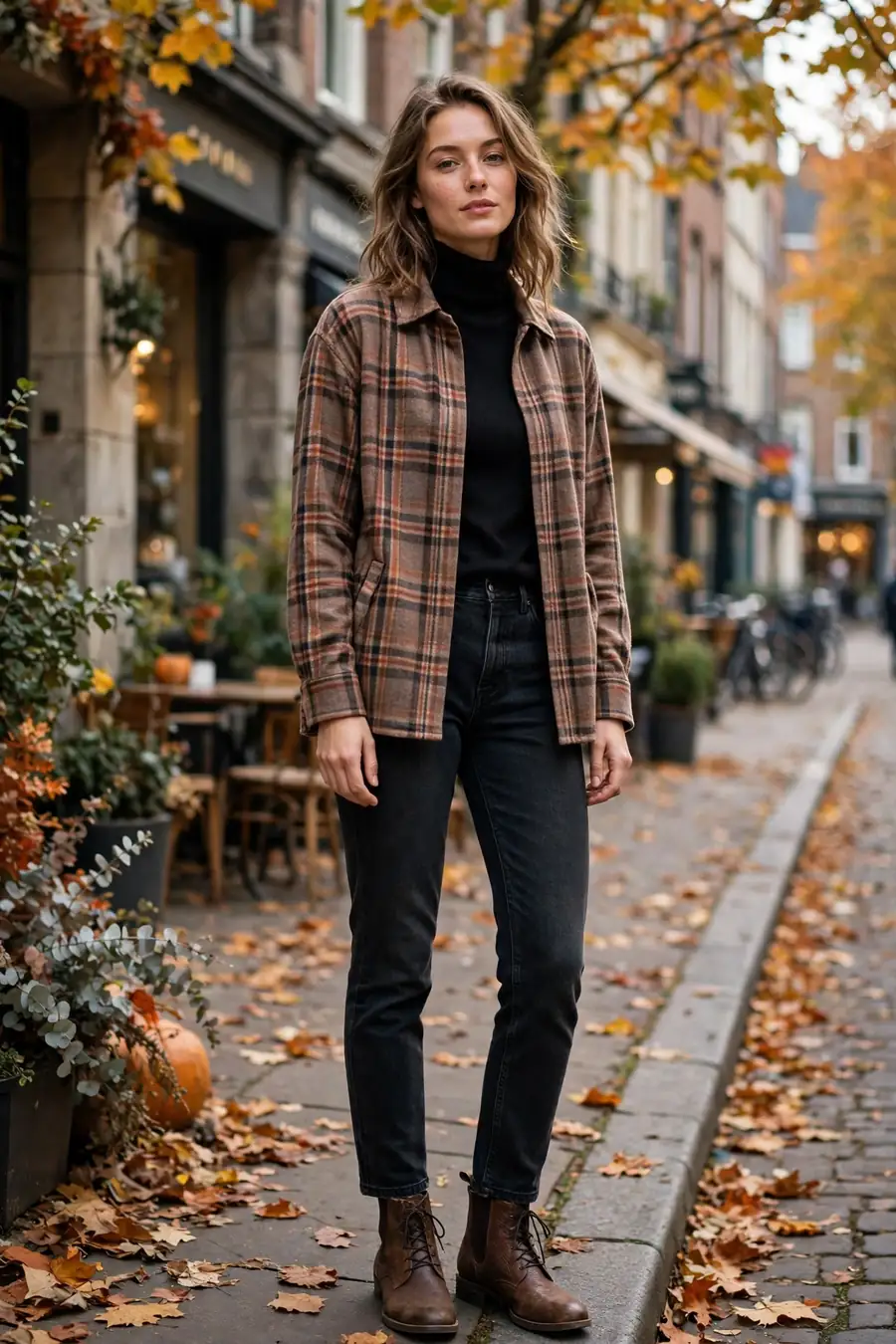Woman in a plaid shacket over a black turtleneck with jeans