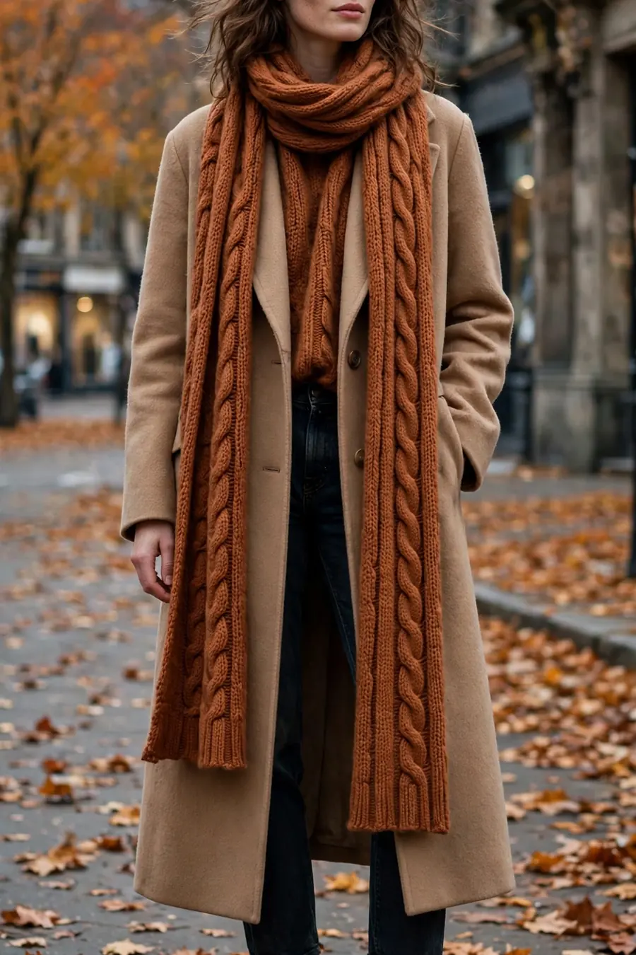 Woman in a wool coat with an oversized knit scarf layered for winter transition