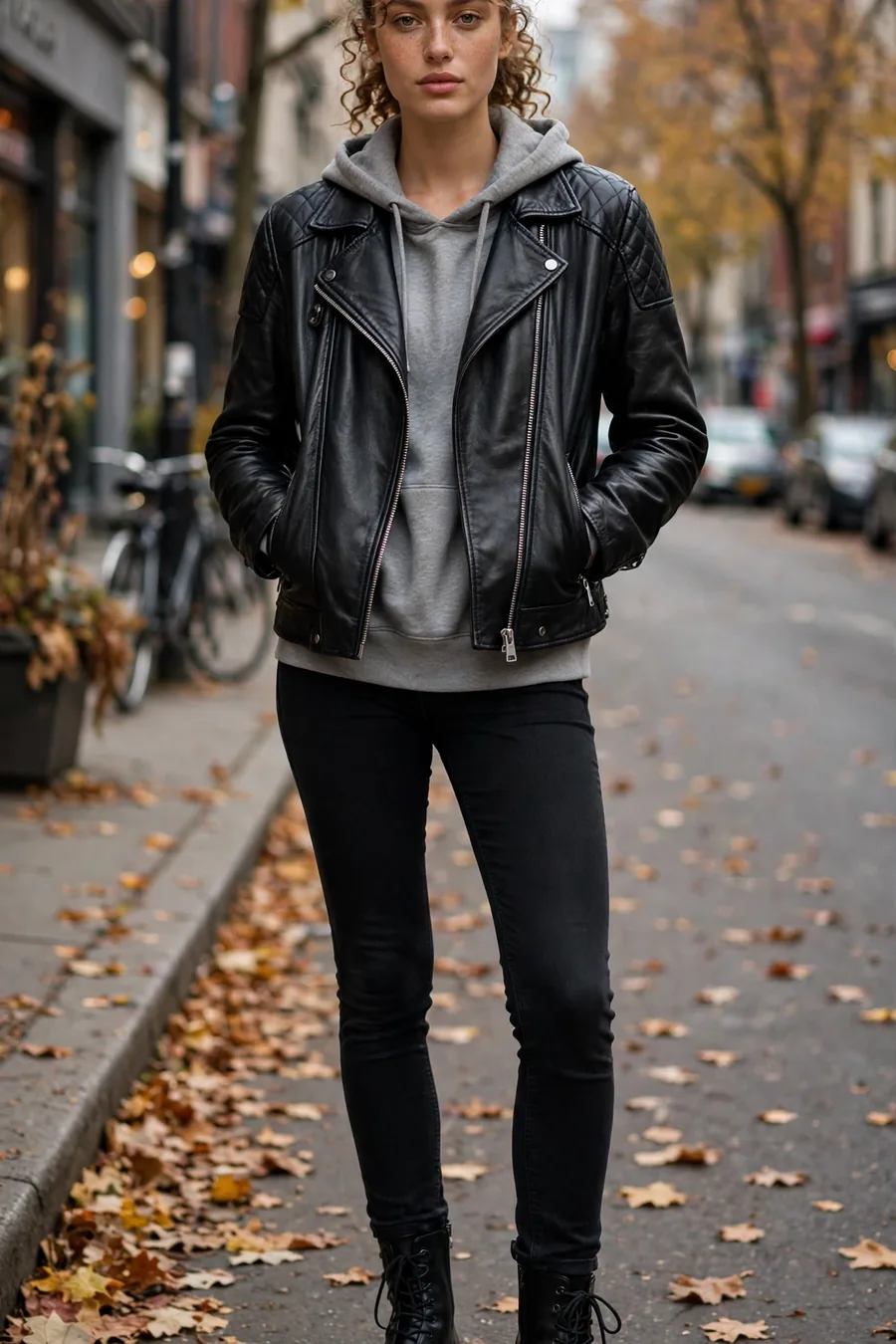 Woman in a black leather jacket over a grey hoodie with jeans and boots