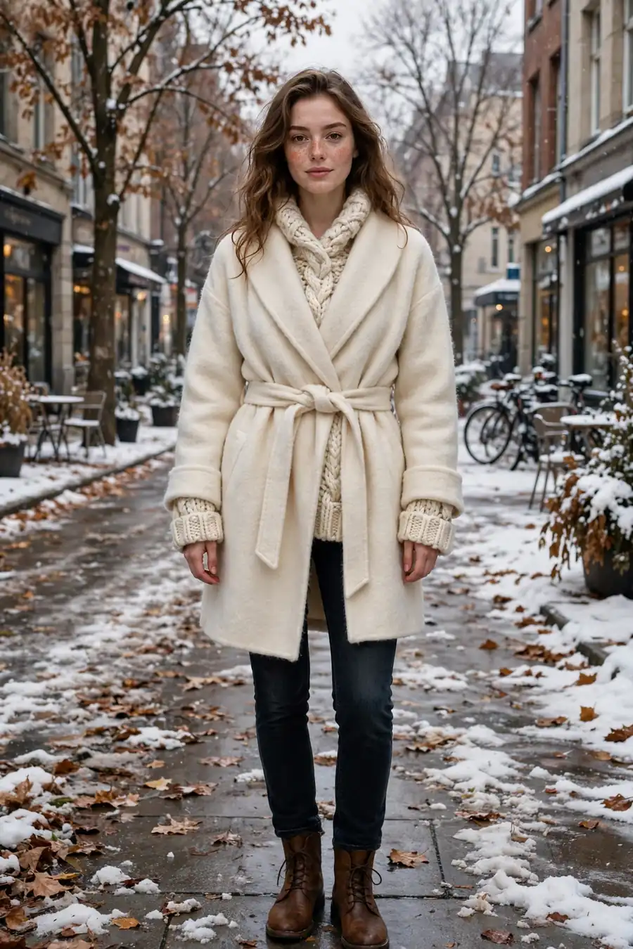 Woman in a cozy wrap coat over a sweater and jeans, a warm pick for fall to winter outfits