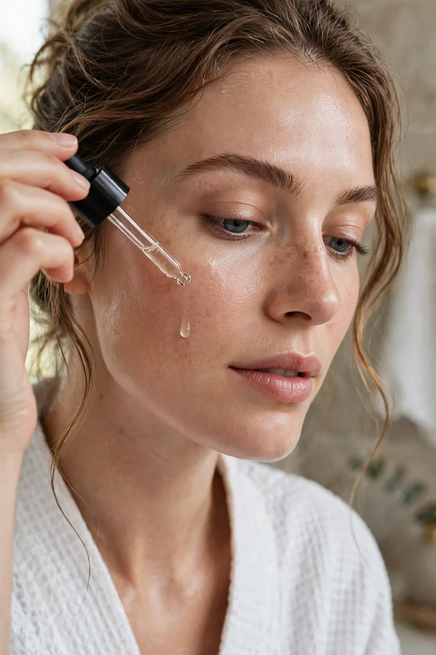 Woman applying hyaluronic acid serum drops to her cheek with a dropper