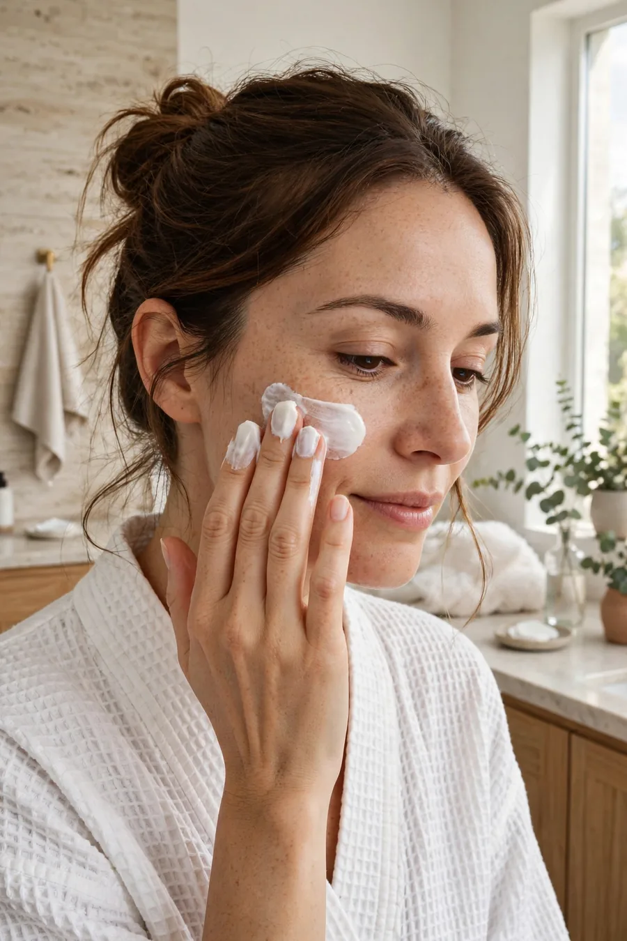 Woman applying a rich moisturizer cream to her face with fingertips