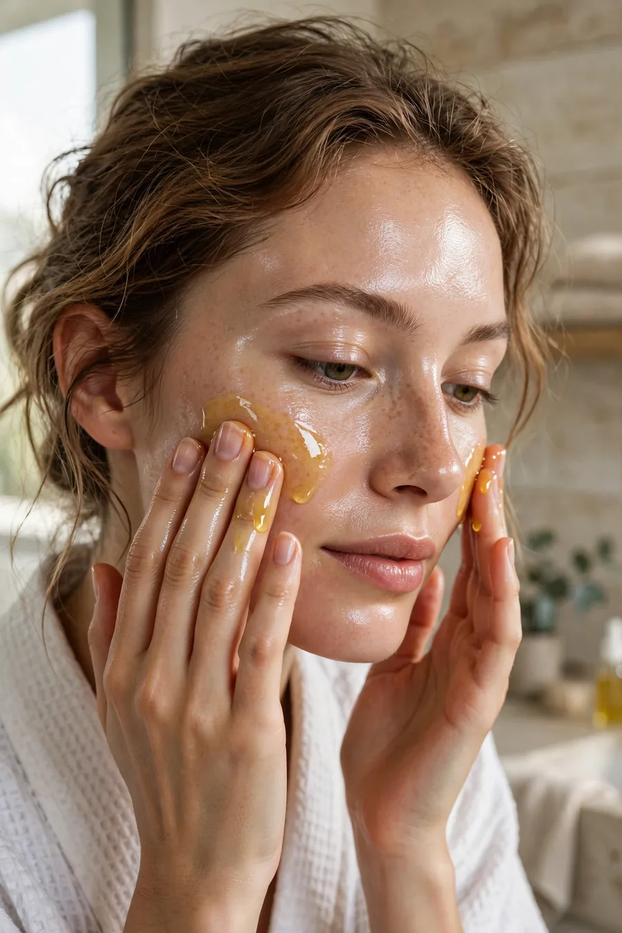 Woman pressing facial oil onto her cheeks with her fingertips