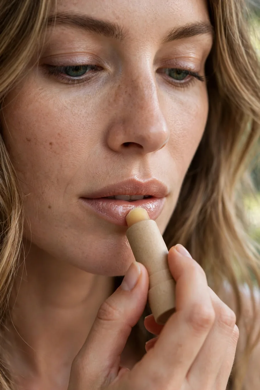 Closeup of a woman applying nourishing lip balm to her lips