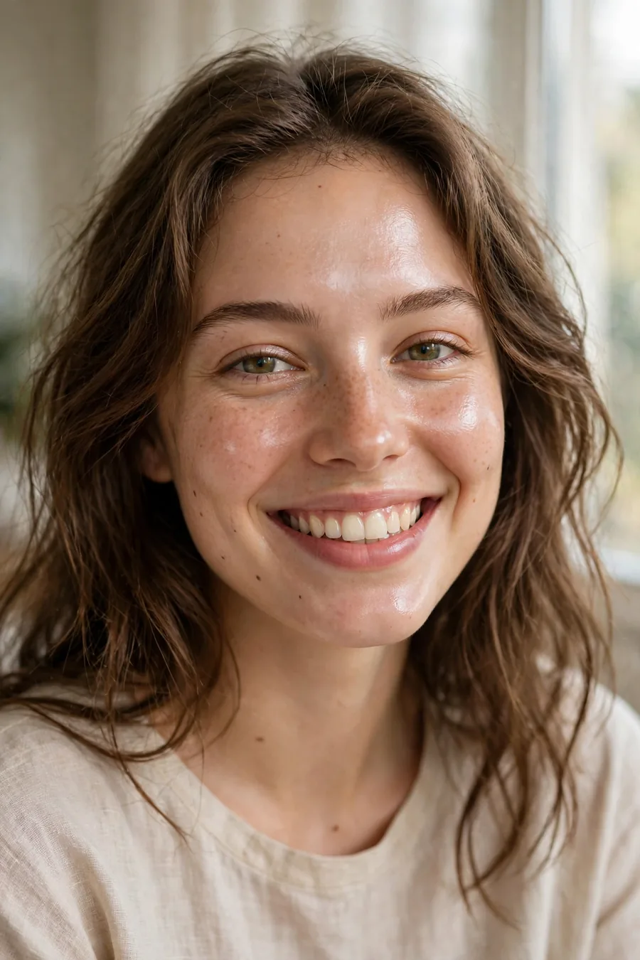 Smiling woman with dewy glowing hydrated skin in natural light, finished skincare look