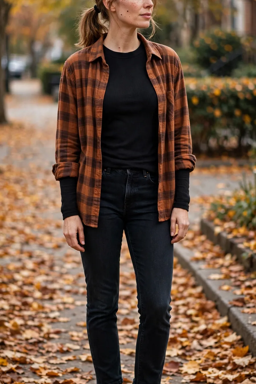 Woman wearing a fitted thermal base layer top under an open flannel shirt, fall layering outfit
